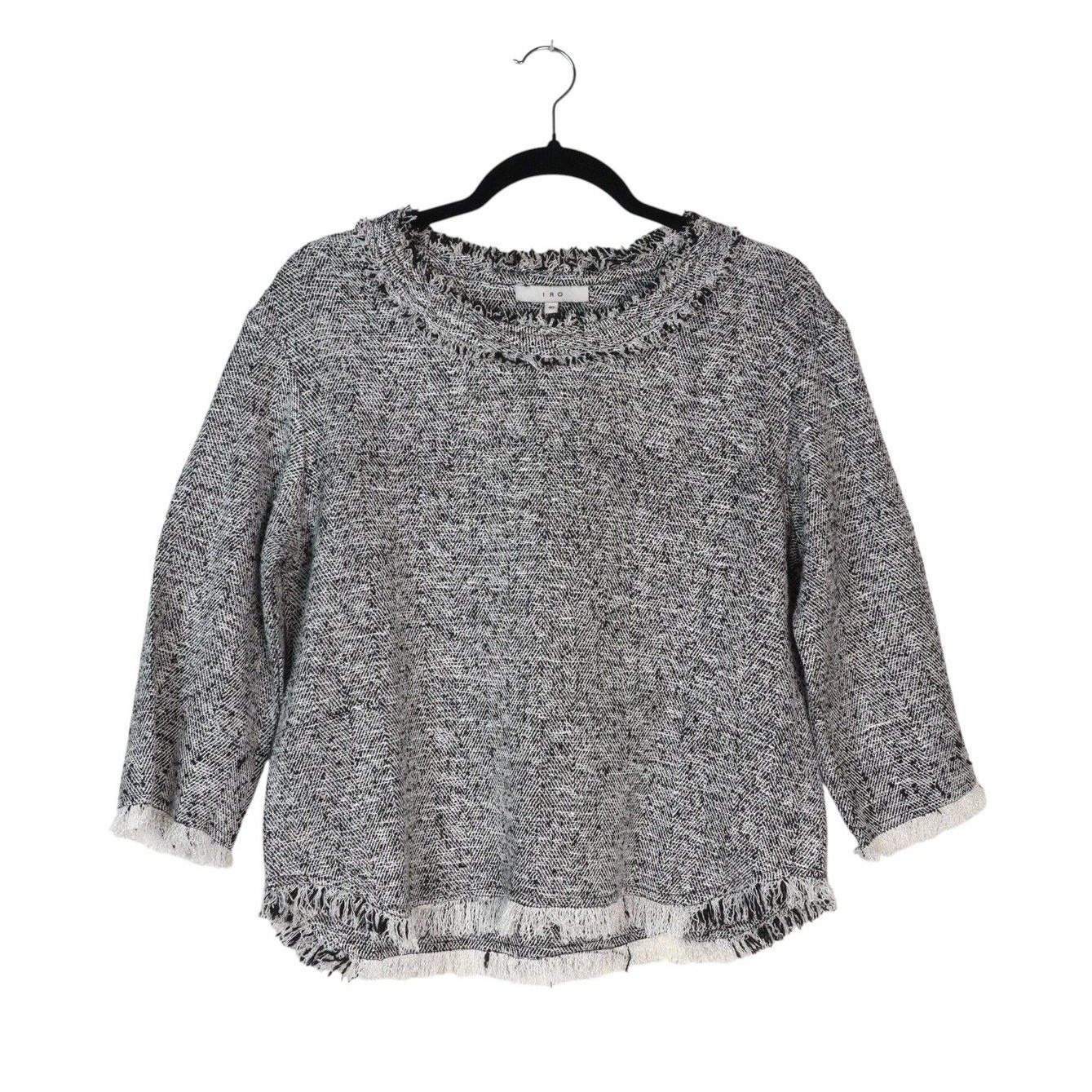 Iro Bardy Tweed Boucle Grey Fringe Hem Top Us M Eu Sz 40 Euc Career Office